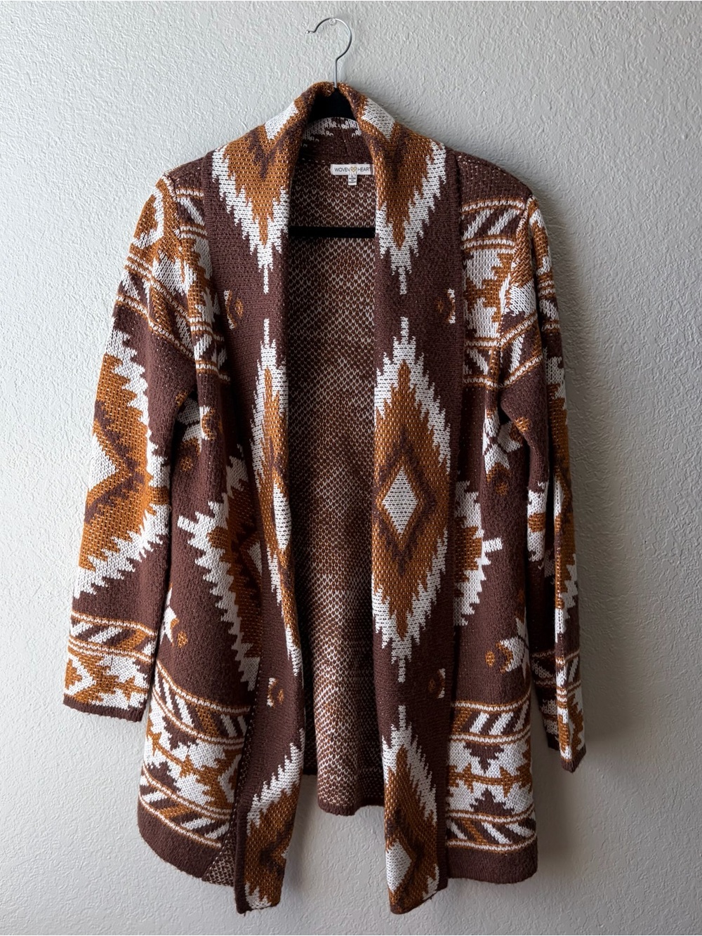 Woven Heart woman’s Open-Front Aztec Cardigan Sweater - Brown/White/Camel large